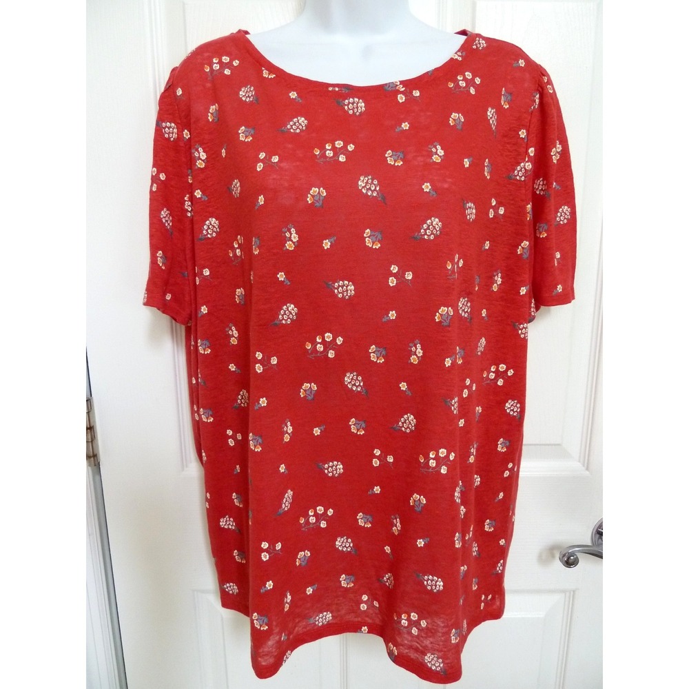 LOFT Red Floral Linen Tee Top XL 16 Cottagecore Short Gathered Sleeve Pullover